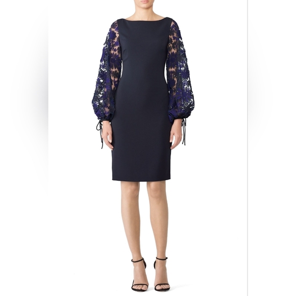Badgley Mischka Dresses & Skirts - Badgley Mischka Boatneck Sheath Dress with Floral Puff Sleeves, Navy Blue Sz 14